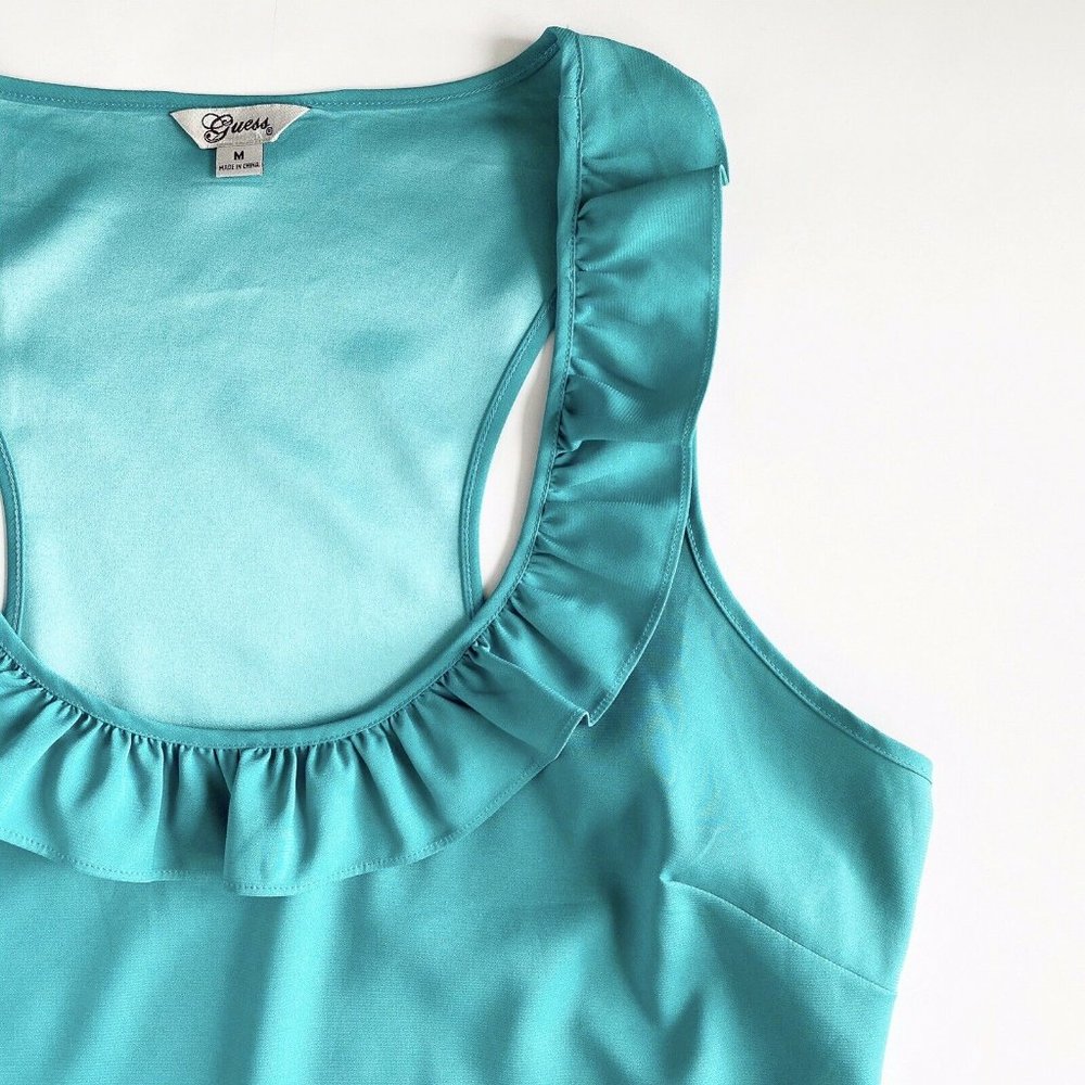 Turquoise Racerback Ruffle Trim Tank Blouse Medium - Picture 4 of 7